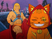 a cartoon of he man sitting next to a cat with a hood on .