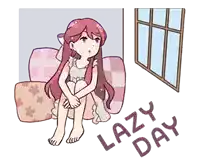 a cartoon of a girl sitting on a couch with the words lazy day written below her