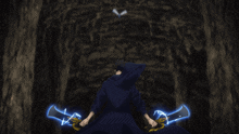 a man in a black robe is surrounded by lightning bolts