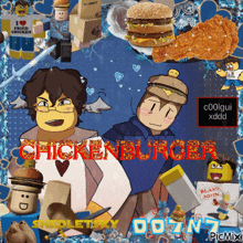 a collage of cartoon characters with the words chickenburger in red letters