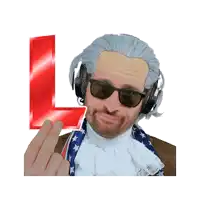 a man wearing a wig and headphones holds up his middle finger in front of a red letter l