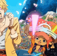 a cartoon of a man and a stuffed animal with the name rinabeth below them
