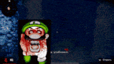 a cartoon of a man with a green hat and a mustache is covered in blood
