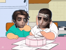 a cartoon of two men cutting a cake with the letter m on the bottom left