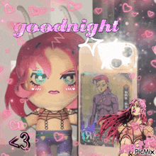 a picture of a stuffed animal next to a phone that says goodnight < 3