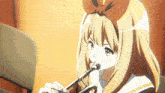 a blonde anime girl with a bow on her head is playing a trumpet