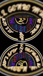 a black and gold circle that says ' r & b ' on it