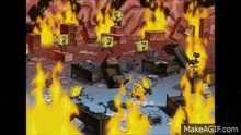 a cartoon of spongebob squarepants standing in a room filled with fire .