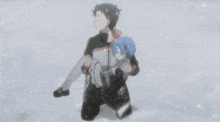 a man is kneeling down holding a child in his arms