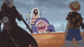 a man with a sword stands in front of a cartoon character