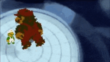 a pixel art of mario and bowser standing next to each other in a room .