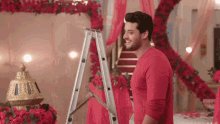 a man in a red shirt is standing in front of a ladder .