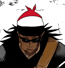 a black and white drawing of a man wearing sunglasses and a red bandana .