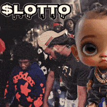 a group of people standing in front of a sign that says lotto on it