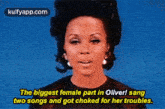 the biggest female part in oliver! sangtwo songs and got choked for her troubles. diahann carroll hair person human