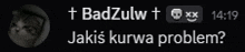a black background with white text that says badzulw t jakis kurwa problem