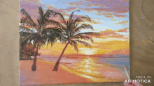 a painting of two palm trees on a beach is made in animatica