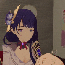 a close up of a purple haired anime character