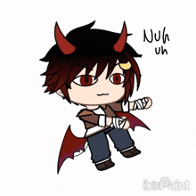 a drawing of a boy with devil horns and wings says " nuh uh " on the bottom
