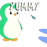 a green and white penguin with the word yummy on it