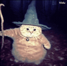 a cat is wearing a wizard hat and holding a wand