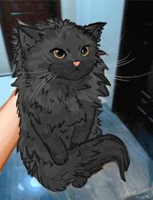 a drawing of a black cat with a pink nose is being held in someone 's hand