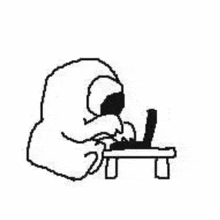 a black and white drawing of a ghost sitting at a table using a laptop computer .