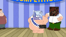 a cartoon character with a sash that says biggest on it