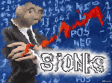 a drawing of a man in a suit and tie holding a red arrow with the word stonks written on it