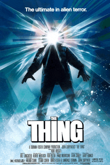 a movie poster for the thing shows a man with a light coming out of his head