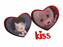 a boy and a girl are in a heart shaped frame with the word kiss below them