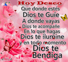 a pink background with roses and butterflies and the words hoy deseo que donde estes dios te guie a donde vayas