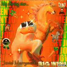 a picture of a carrot holding a horse says jovial merryment
