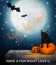 a black cat sits on a pumpkin with the words have a fun night love u