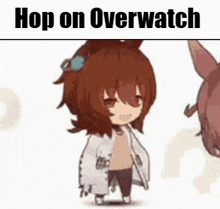 a cartoon of a girl standing next to a horse with the words `` hop on overwatch '' written on it .