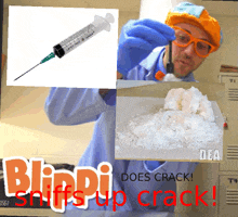 a man in a lab coat is holding a syringe and a pile of cocaine