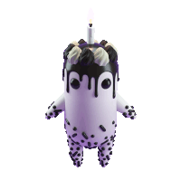a purple and white cake with a candle on top of it