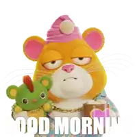 a stuffed animal says good morning while holding a stuffed animal