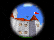 a video game castle with a red roof and a flag on top
