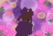 a cartoon character is standing in front of a purple background with pink flowers .