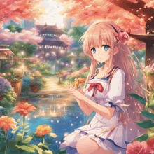 a girl in a white dress stands in a garden with flowers and a bridge in the background