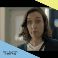 a freelancers anonymous ad with a woman in a white shirt