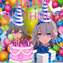 two anime girls are blowing out candles on a birthday cake surrounded by balloons