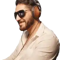 a man wearing sunglasses and headphones looks to his left