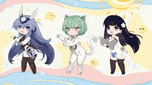 three anime characters are standing next to each other and one of them has a cat costume on