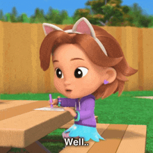 a little girl with cat ears is sitting at a picnic table and saying well