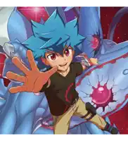 a boy with blue hair is standing next to a blue dragon