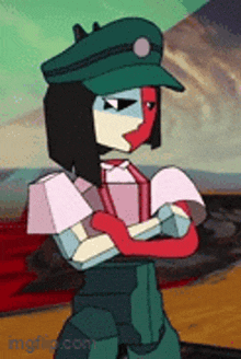 a cartoon character wearing a hat and a bow tie is standing with his arms crossed .