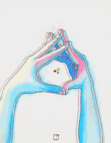 a purple and yellow drawing of a person 's hands making a heart shape