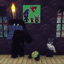 a minecraft character is standing in front of a wall with a picture of a heart on it